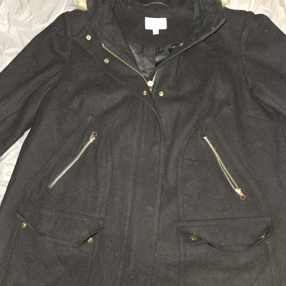 Ruby Finch Black Wool-Blend Hooded Coat with Faux Fur Trim – Size 1X